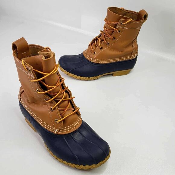 LL Bean Duck Boots Tan Blue Leather Lace Up Men’s Size 5 Women’s Size 7 - Picture 1 of 11